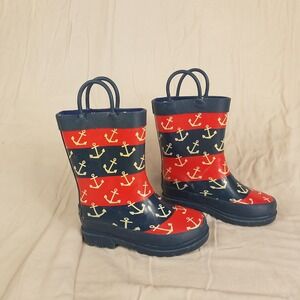 Lily & Dan Kids Nautical Anchor Striped Rubber Rain Boots Red Navy Blue Size 7/8